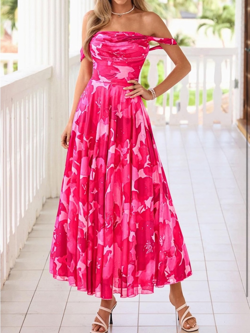 Off-Shoulder Fuchsia Floral Maxi Dress - Picture 8 of 9